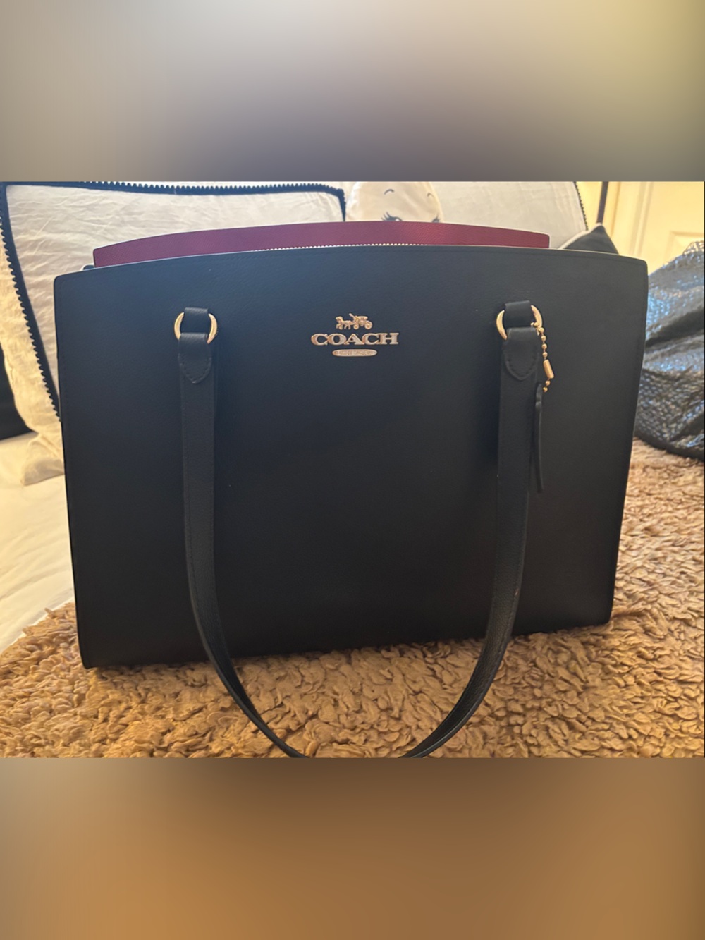 Coach Black Leather Tote with Red Interior and Gold Hardware